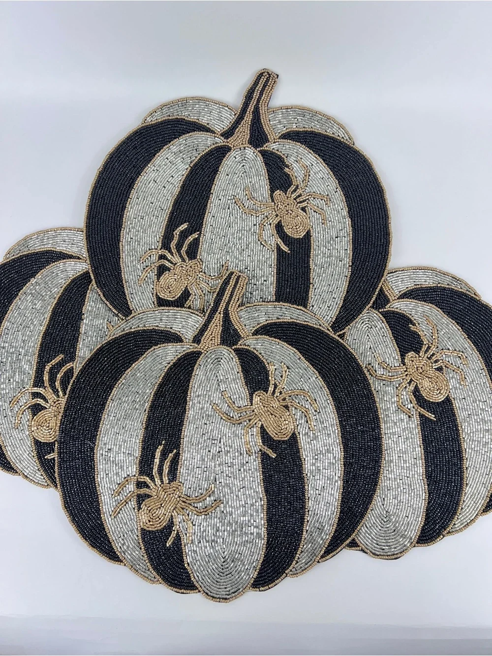 Christian Siriano Beaded Black, Silver & Gold Pumpkin Spider Placemats 4 Pc NEW